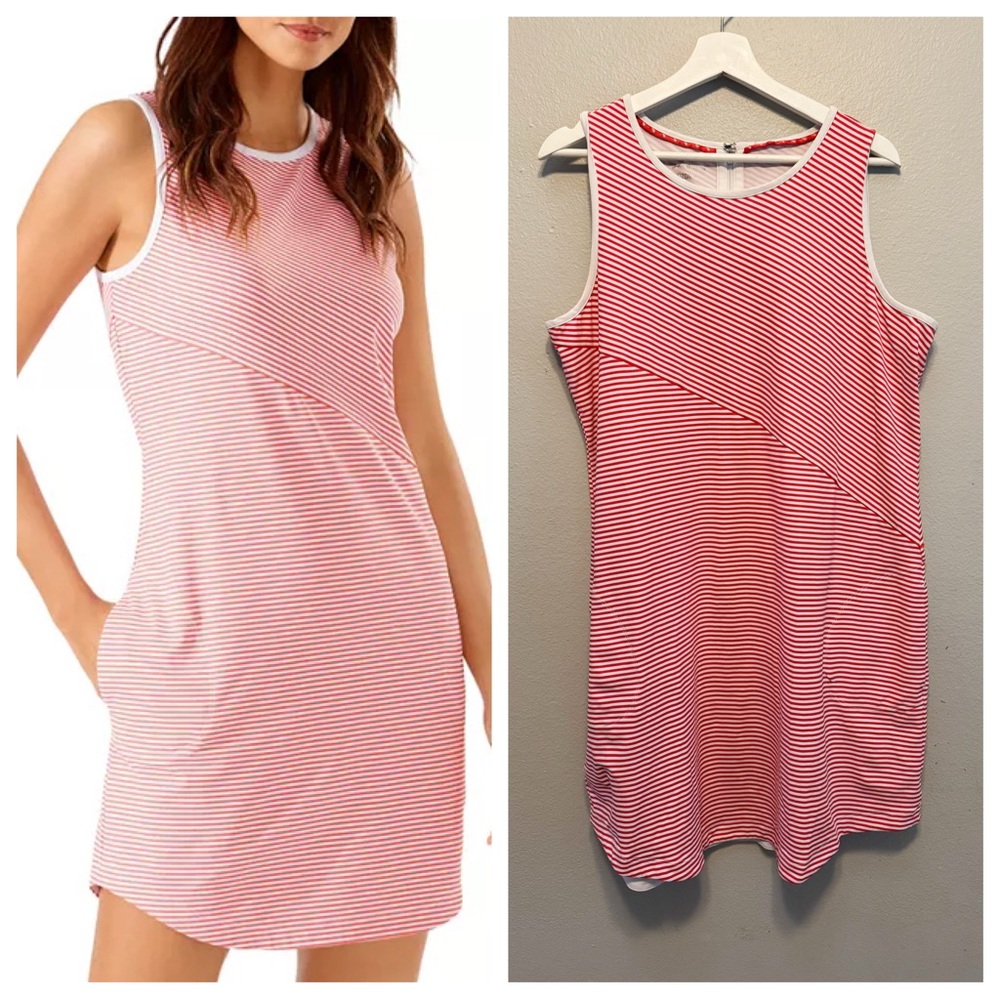 Tommy Bahama ISLANDZONE UPF 30 Aubrey Cassia stripe dress in red.